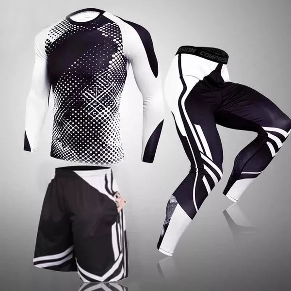 The set includes three pieces of compression wear tailored to enhance performance during physical activities. Each piece is crafted with a focus on comfort, flexibility, and moisture-wicking properties to ensure optimal support for various fitness routines. 
